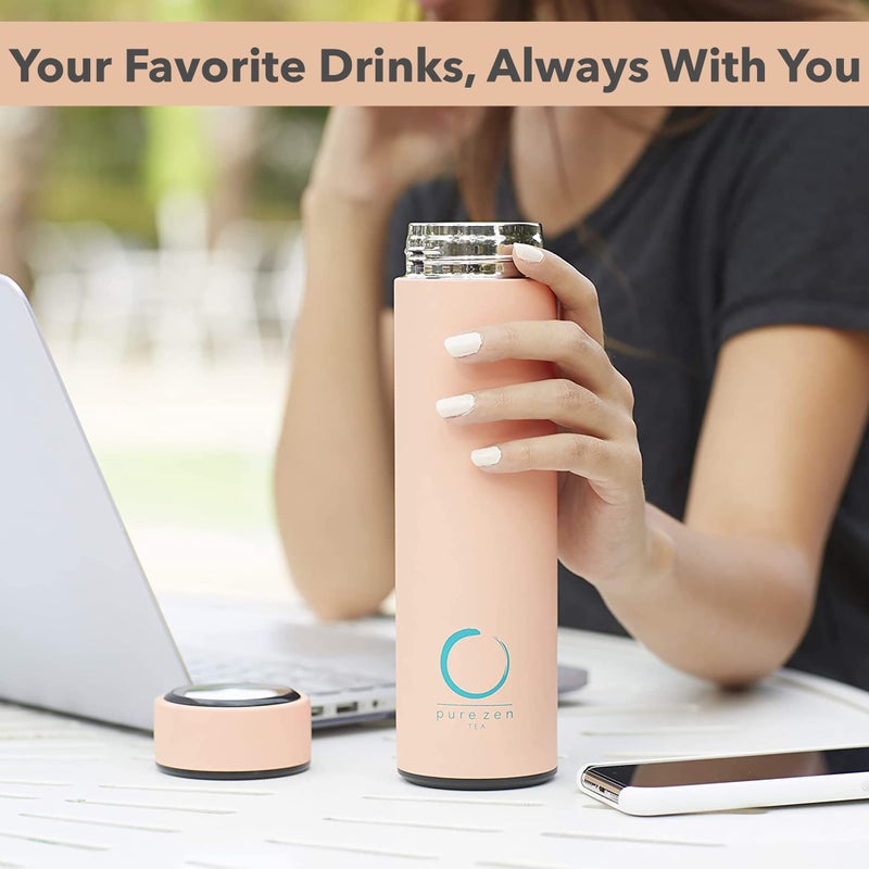 Pure Zen Tea Thermos with Infuser for Hot and Cold Infusions - Stainless Steel - Tea Infuser Bottle - Leakproof Travel Mug with Filter - 15oz - Pink - Image 5